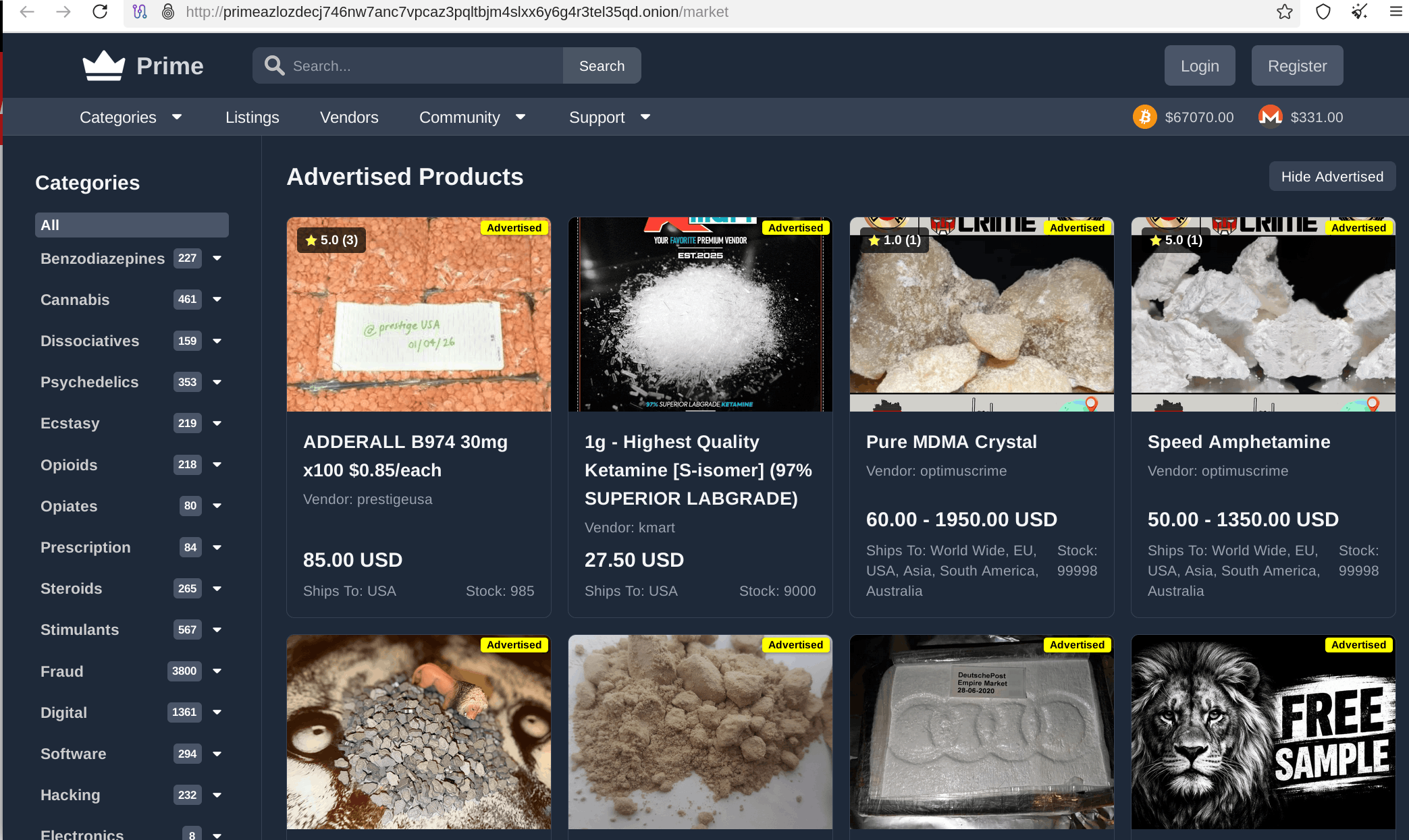 Prime Market listings page showing product categories and search filters