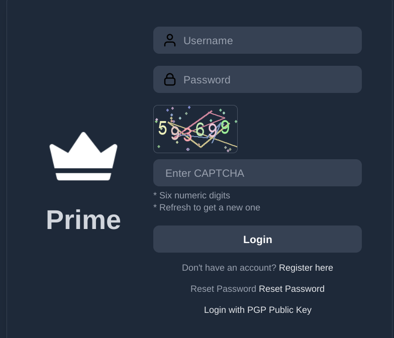 Prime Market login page showing secure access interface