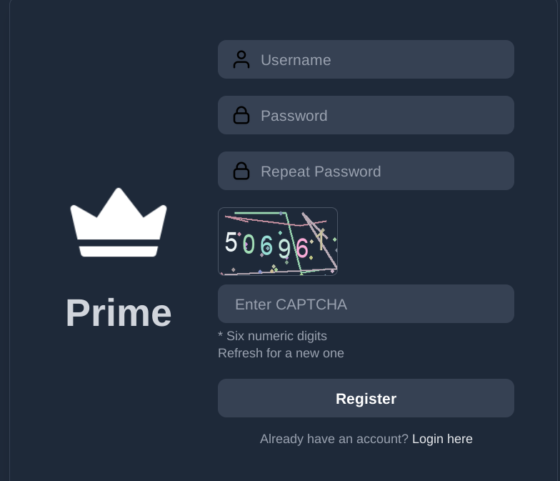Prime Market registration page with security features